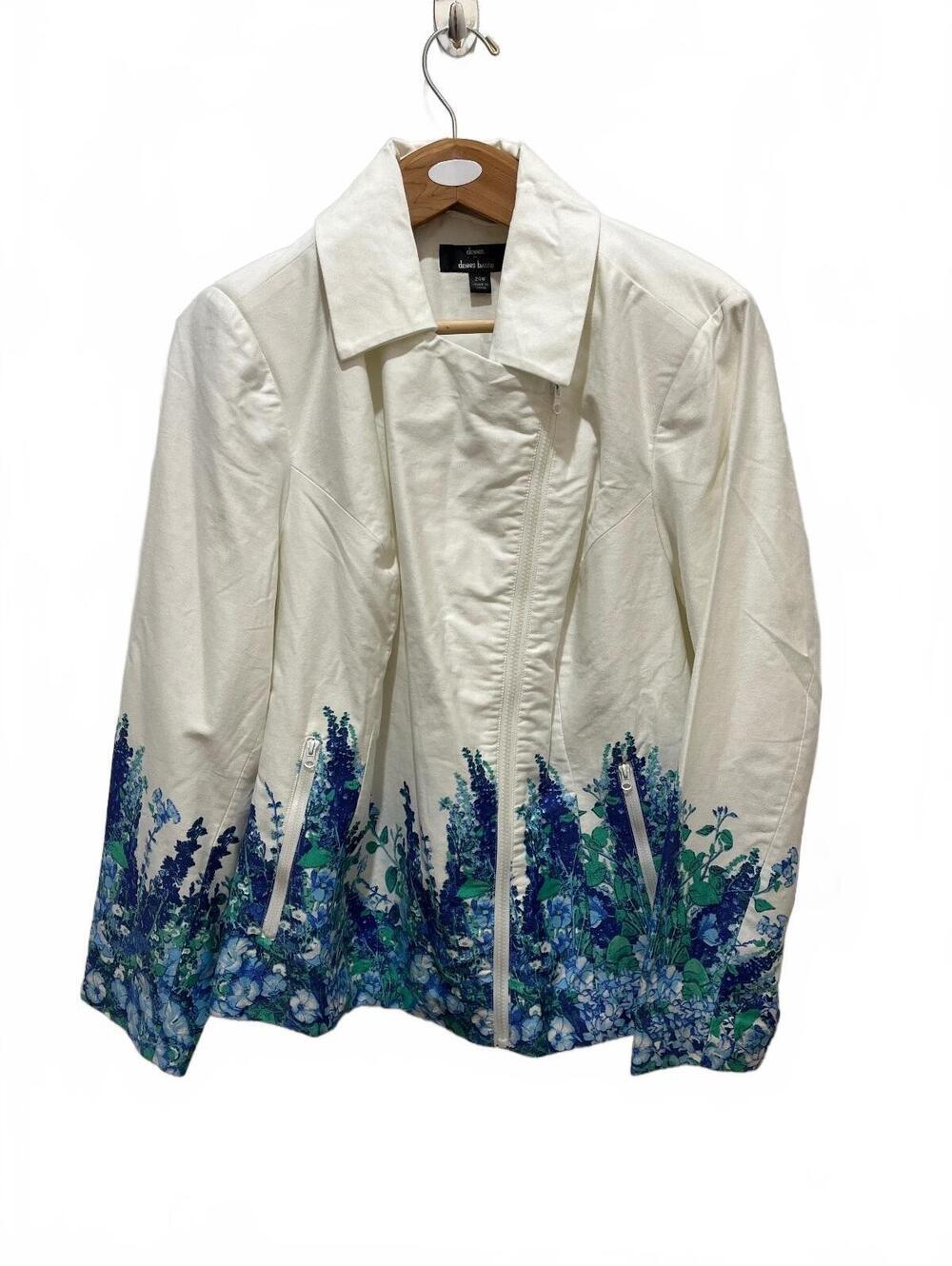 Dennis Basso Women's White Cotton Jacket with Blue Floral Print Size 24W